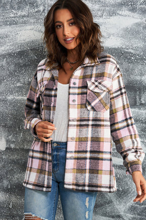 Khaki Plaid Print Casual Button Up Pocket Shacket-True and Wild