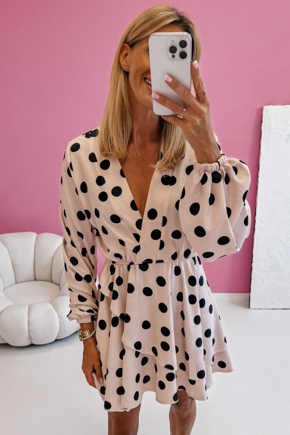 Beige Polka Dot Print Surplice V Neck Puff Sleeve Mini Dress-True and Wild