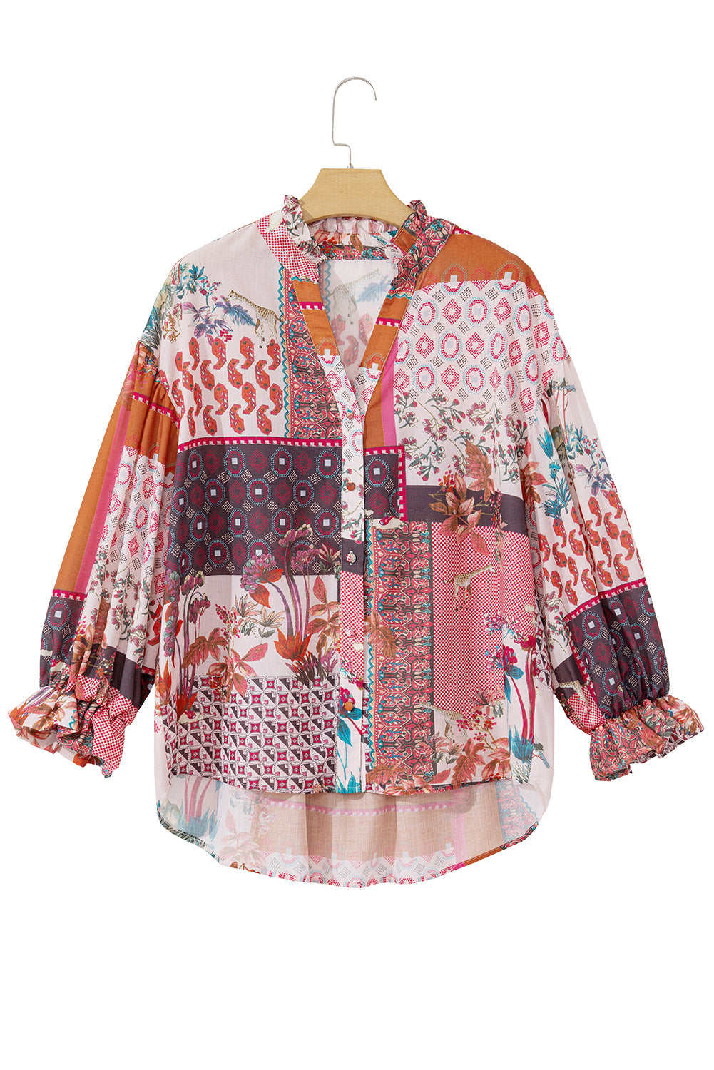 Red Boho Abstract Patchwork Bubble Sleeve Blouse-True and Wild