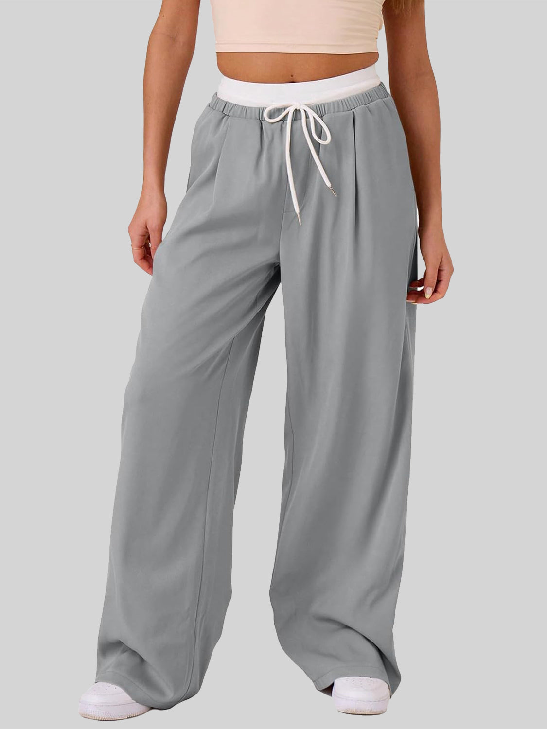 Contrast Waistband Drawstring Wide Leg Pants-True and Wild