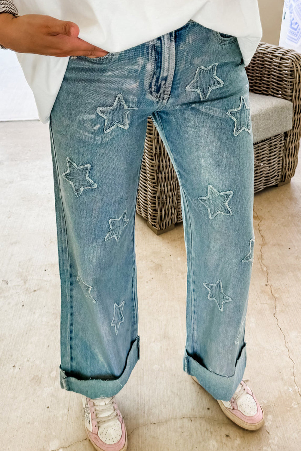 Dusk Blue Star Patched Straight Leg Loose Jeans-True and Wild