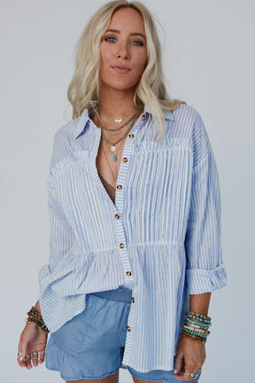 High-Low Striped Collared Neck Long Sleeve Shirt-True and Wild