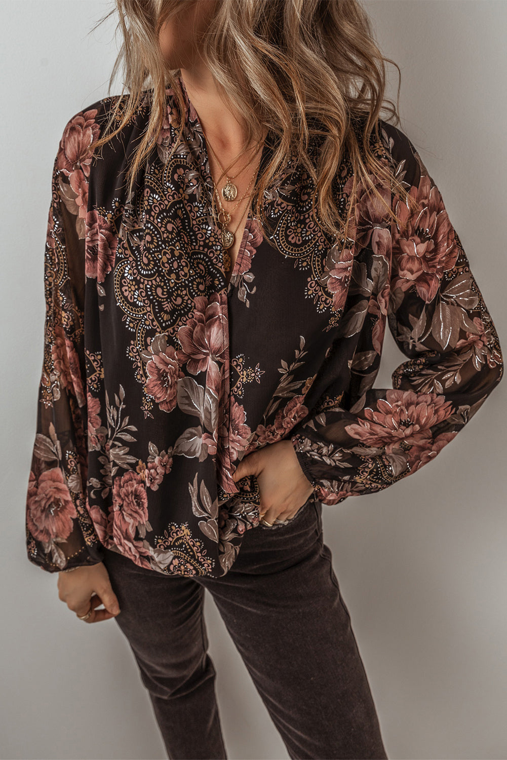 Black Floral Print Criss Cross V Neck Balloon Sleeve Blouse-True and Wild