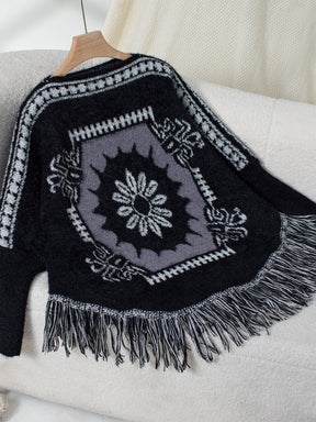 Fringe Geometric Long Sleeve Poncho-True and Wild