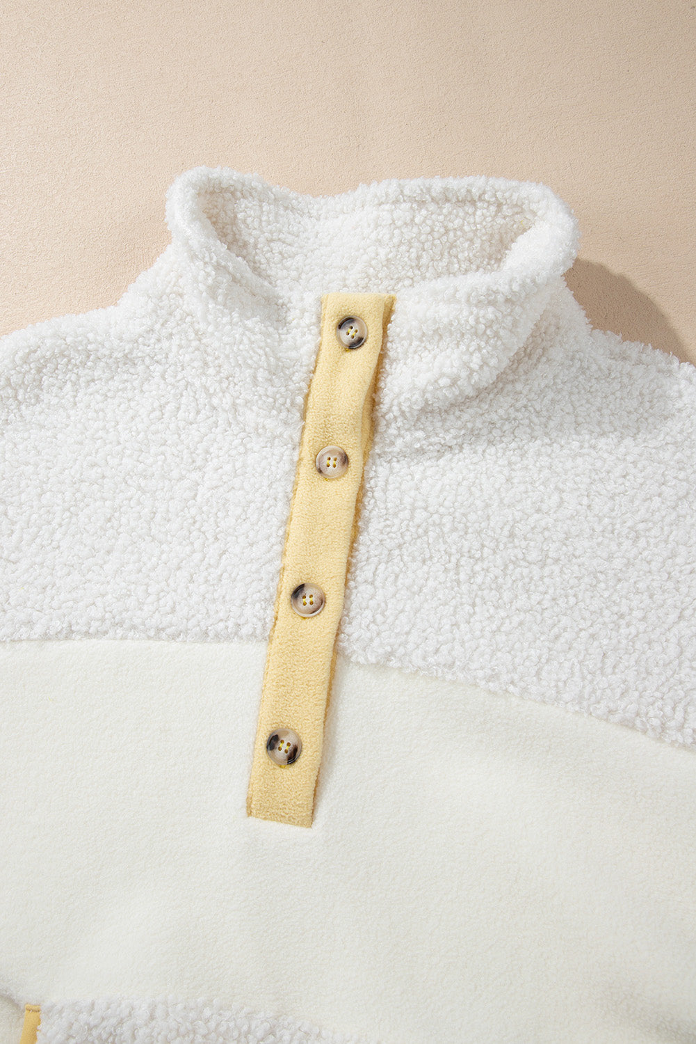 Beige Fleece Colorblock Trim Buttons Collar Sweatshirt with Pocket-True and Wild