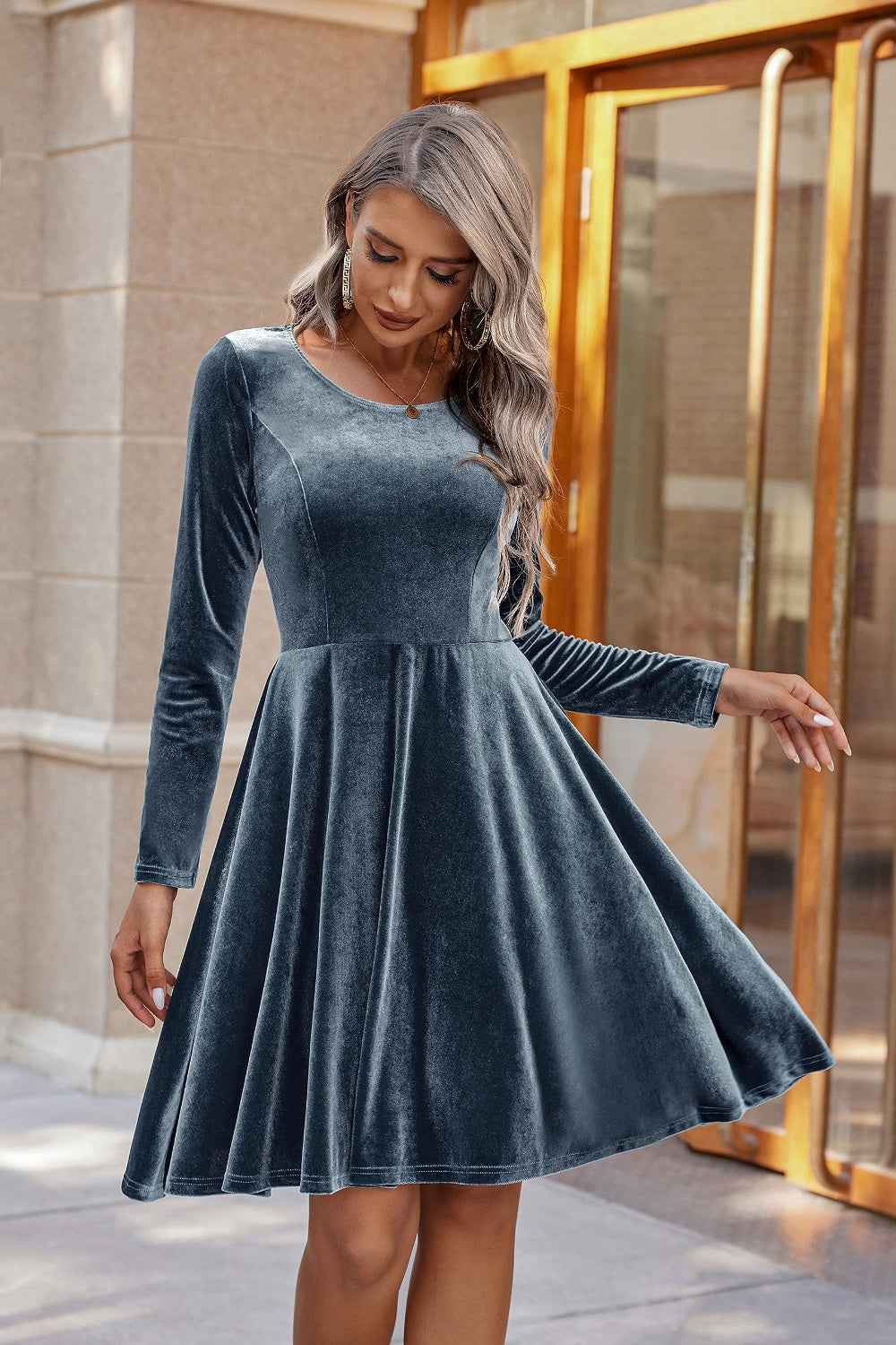 Round Neck Long Sleeve Knee Length Dress-True and Wild