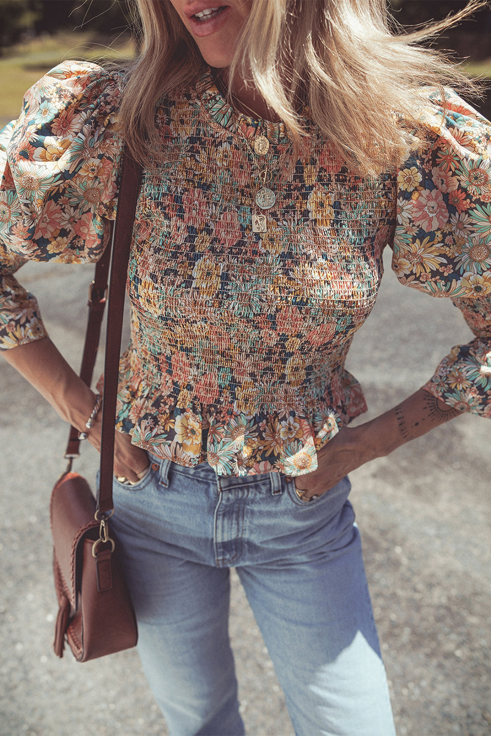 Yellow Floral Print Bubble Sleeve Smocked Crop Top