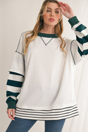 White Striped Layered Drop Sleeve Sweatshirt