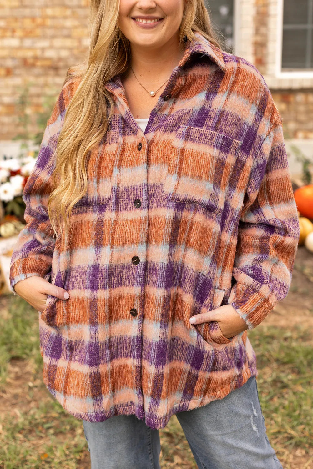 Plus Size Plaid Collared Neck Long Sleeve Jacket-True and Wild