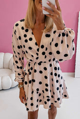 Beige Polka Dot Print Surplice V Neck Puff Sleeve Mini Dress-True and Wild