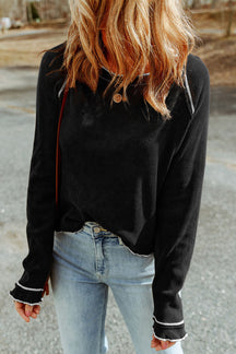 Black Textured Crewneck Long Sleeve Top-True and Wild