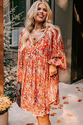 Orange Floral Print Split V Neck Bubble Sleeve Plus Size Midi Dress-True and Wild