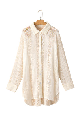 Beige Lace Crochet Collared Button Up Oversized Shirt-True and Wild