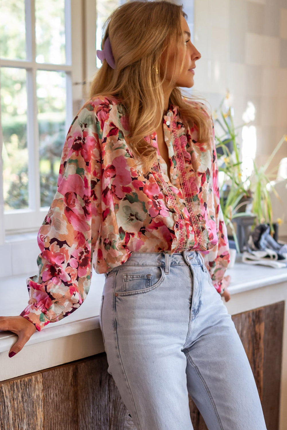 Frill Floral Button Down Long Sleeve Shirt-True and Wild