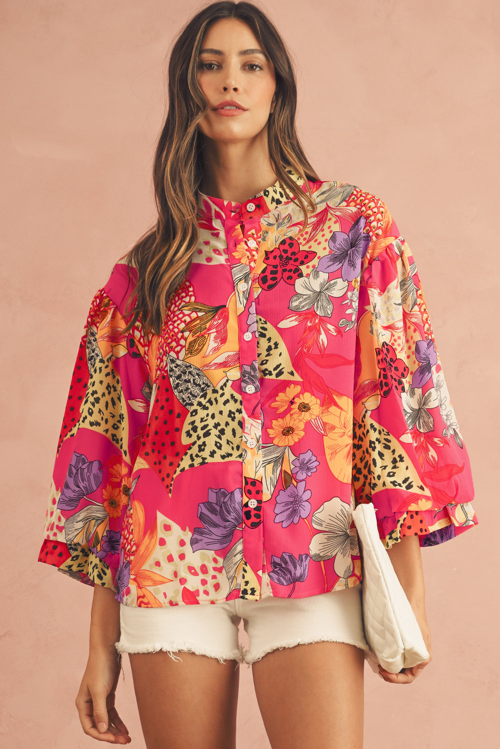 Red Abstract Floral Print Buttoned Ruffle Bubble Sleeve Shirt-True and Wild