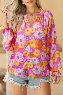 Rose Flower Print V Neck Relaxed Sleeve Blouse-True and Wild