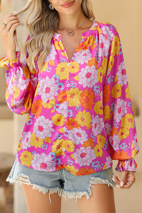 Rose Flower Print V Neck Relaxed Sleeve Blouse-True and Wild