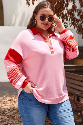 Plus Size Color Block Johnny Collar Long Sleeve Sweatshirt-True and Wild