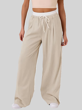 Contrast Waistband Drawstring Wide Leg Pants-True and Wild