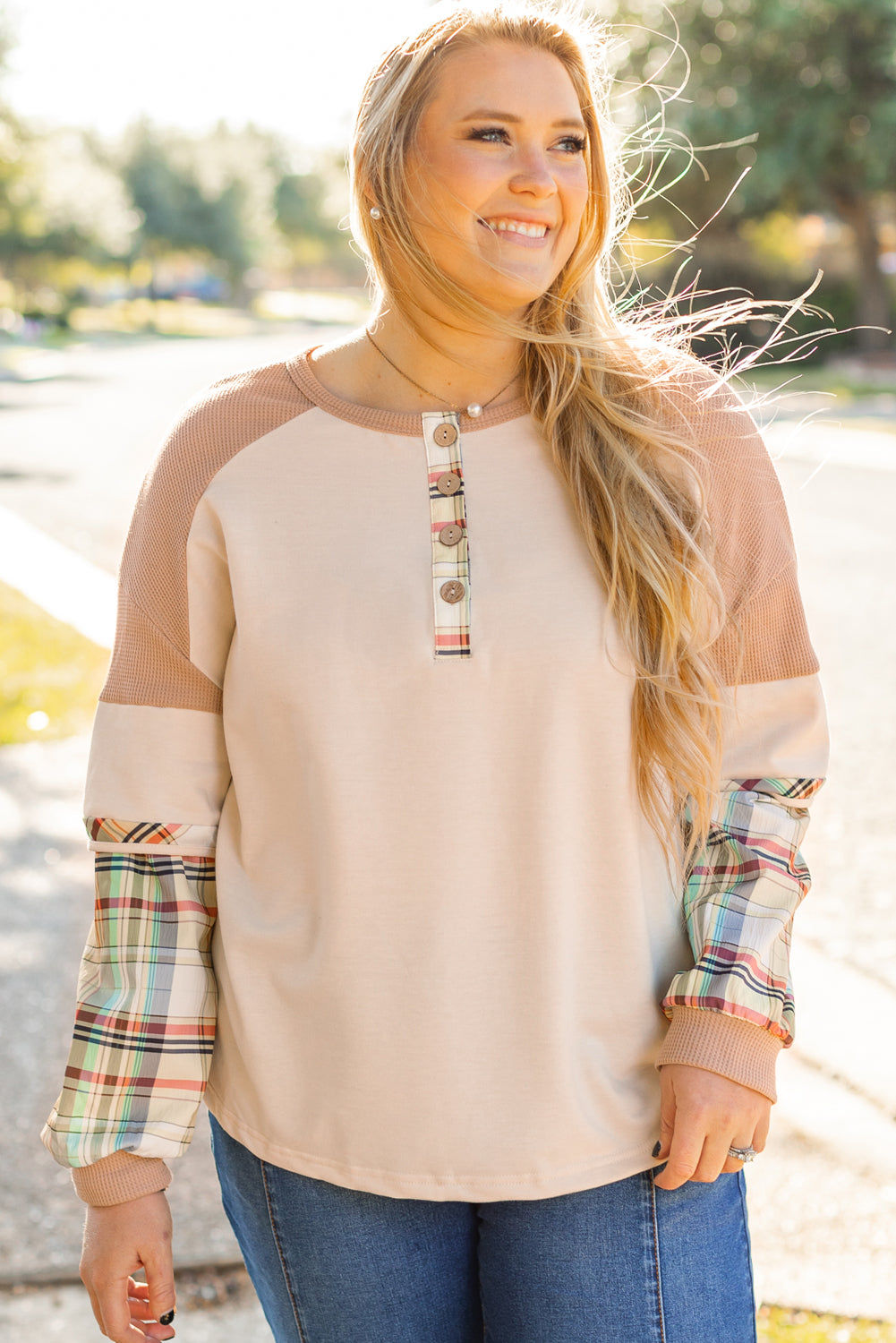 Parchment Plus Size Plaid Waffle Patchwork Henley Top-True and Wild