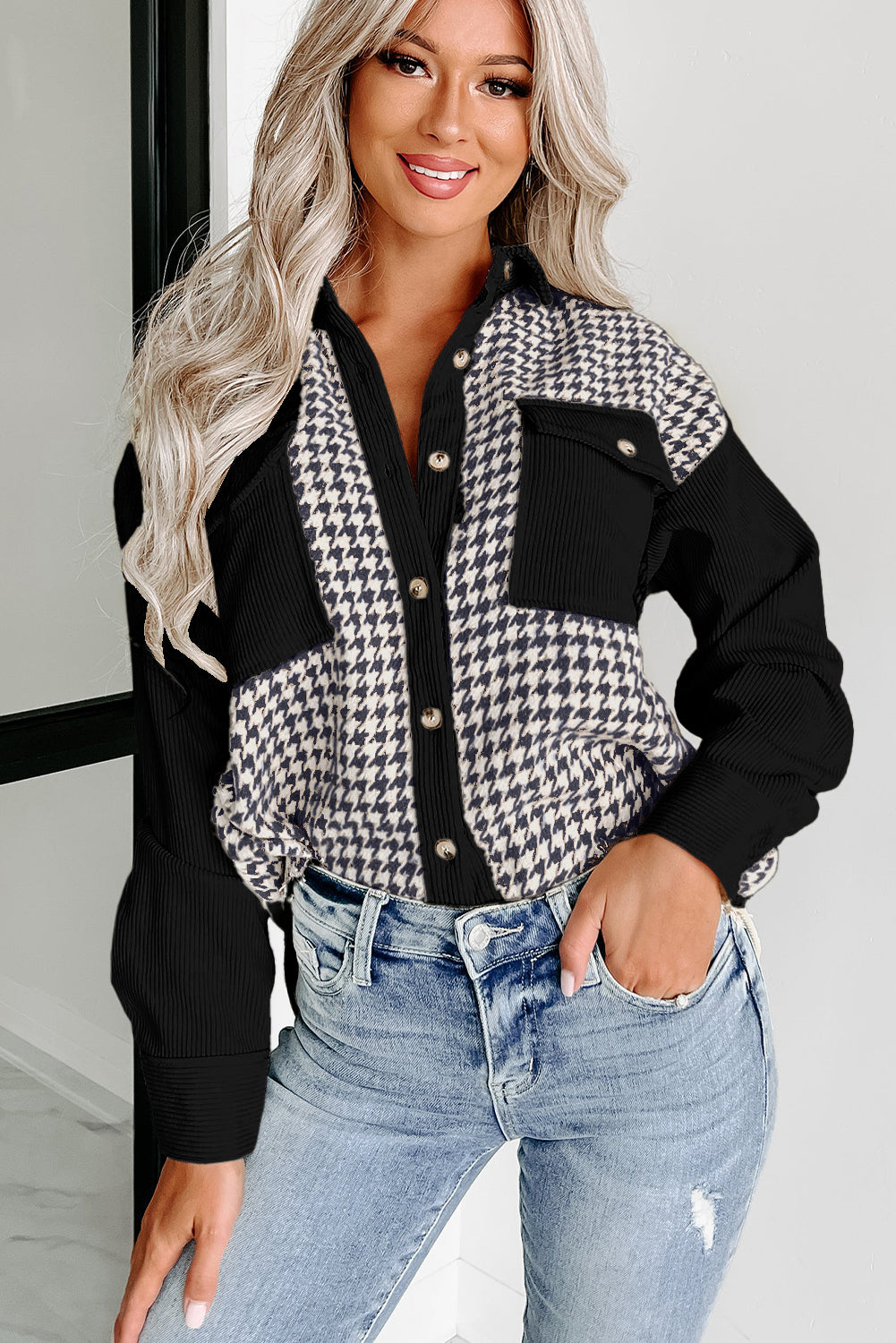 Black Houndstooth Corduroy Patchwork Flap Pocket Shacket-True and Wild