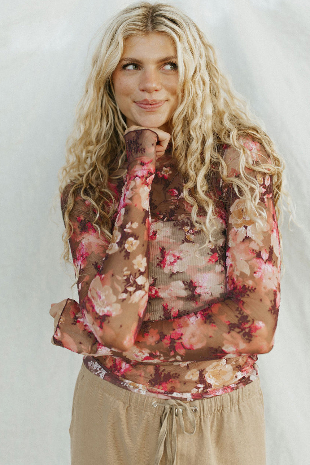 Red Floral Print Sheer Mesh Long Sleeve Top-True and Wild