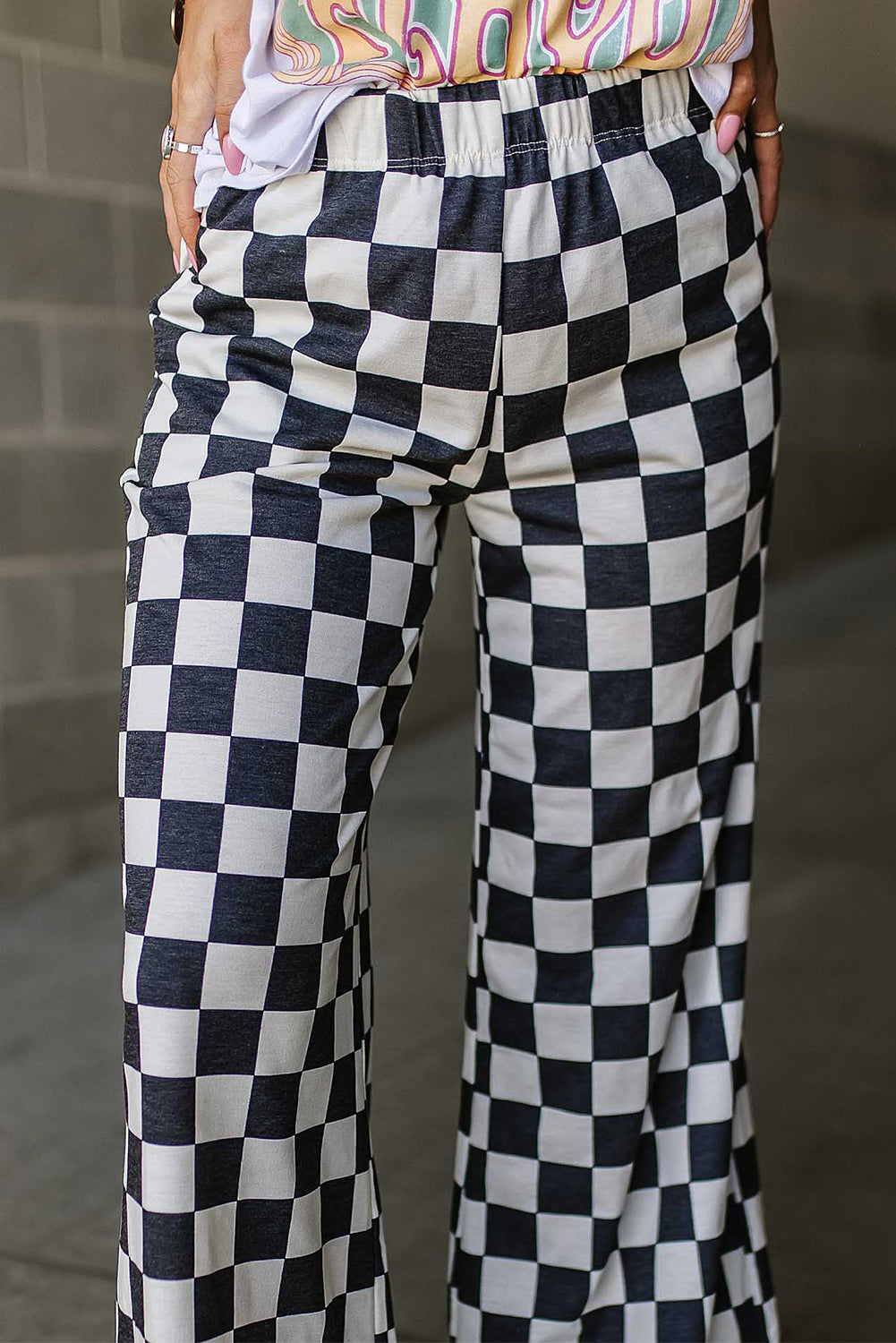 Black Checkered Print High Waist Wide Leg Pants-True and Wild