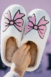 White Cute Bowknot Pattern Fuzzy Winter Home Slippers