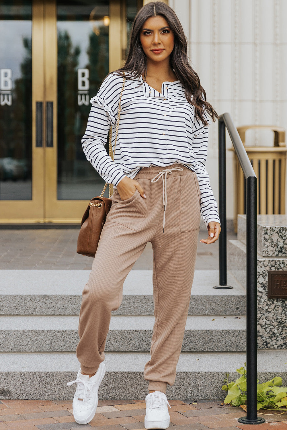 White Striped Snap Button Ruffle Trim Long Sleeve Top