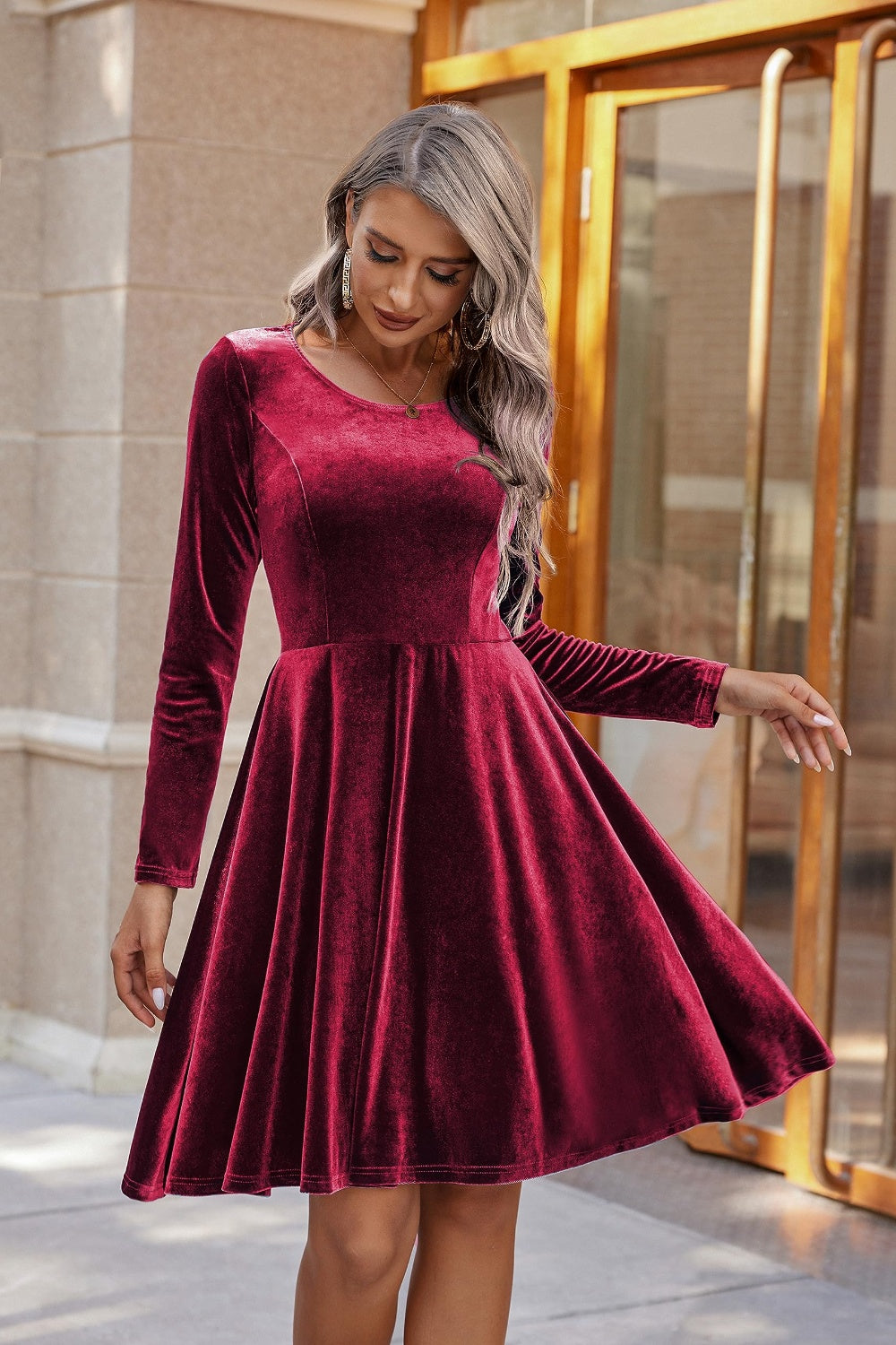 Round Neck Long Sleeve Knee Length Dress-True and Wild