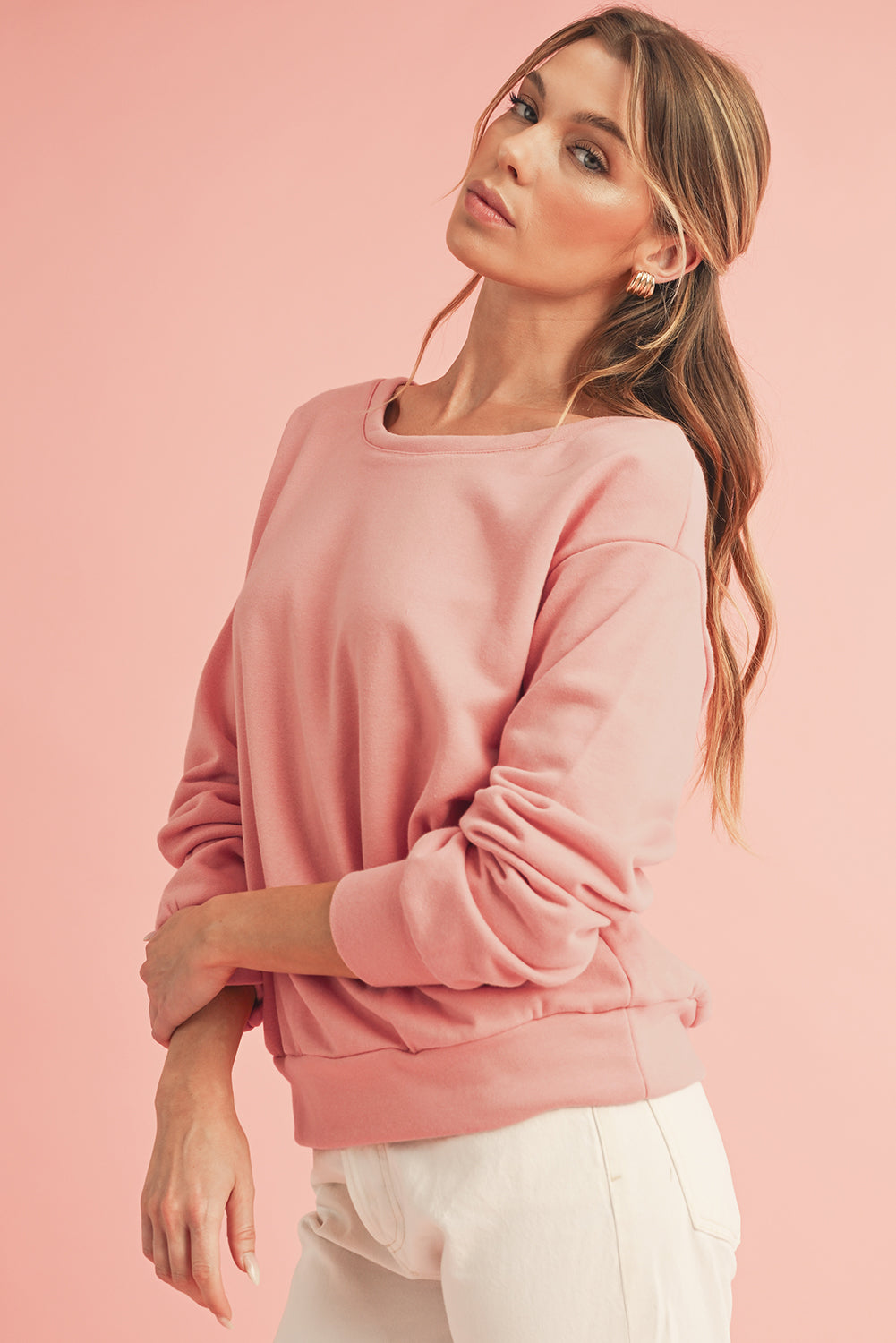 Apricot Bowknot Plain Round Neck Sweatshirt-True and Wild