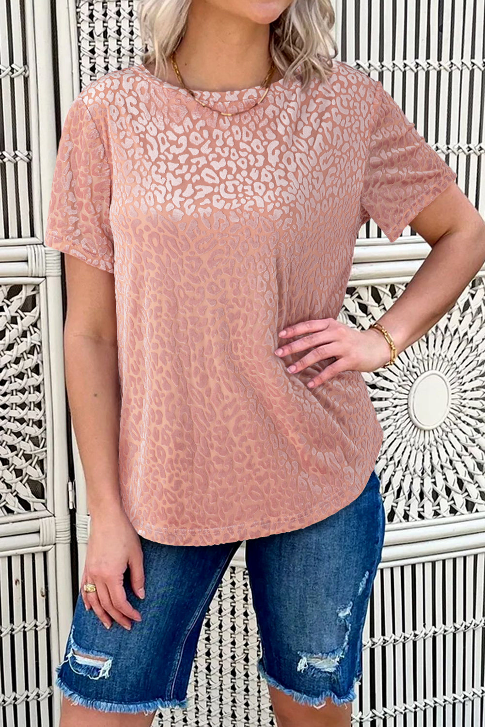 Pink Leopard Print Contrast Neckline Short Sleeve Blouse-True and Wild