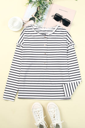 White Striped Snap Button Ruffle Trim Long Sleeve Top