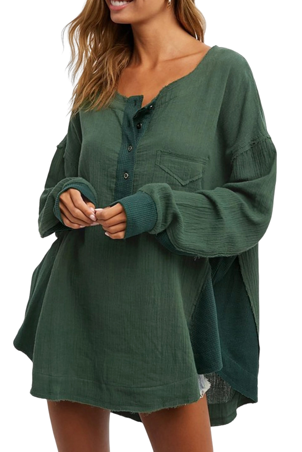 Green Solid Color Crinkled Patchwork Henley Blouse-True and Wild