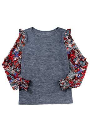 Blue Floral Ruffle Sleeve Patchwork Top-True and Wild