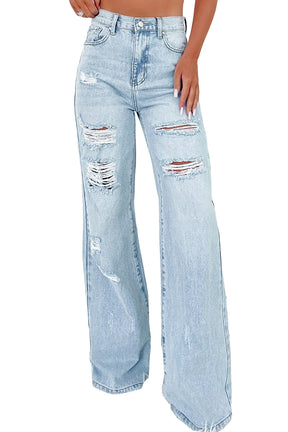 Beau Blue Light Wash Distressed High Waist Wide Leg Jeans-True and Wild