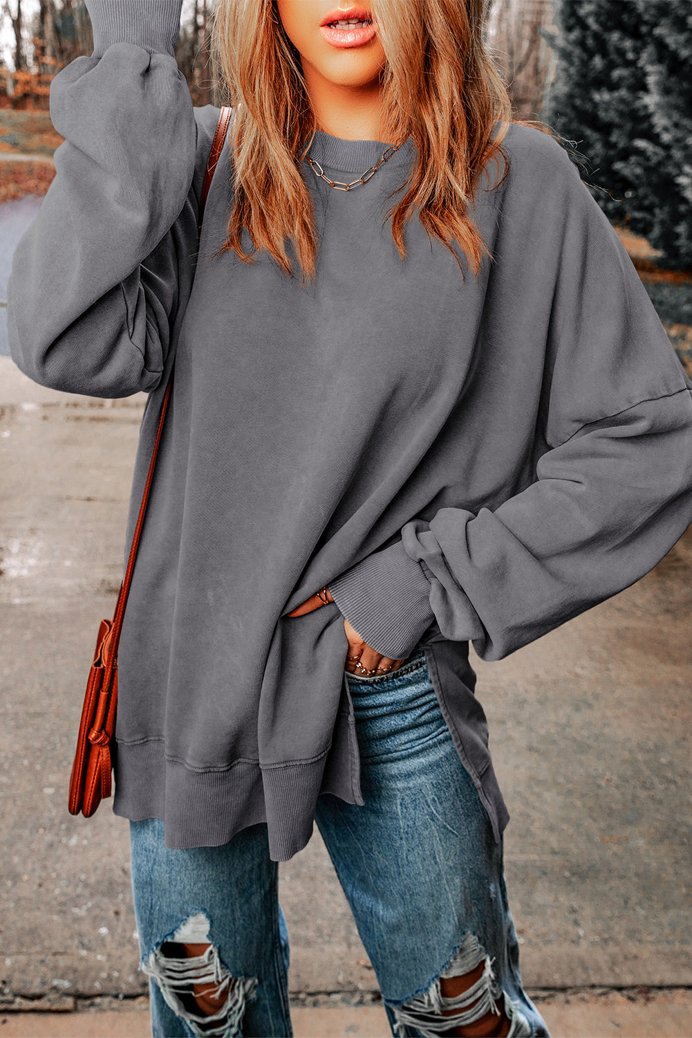 Pink Plain Drop Shoulder Ribbed Trim Oversized Sweatshirt-True and Wild