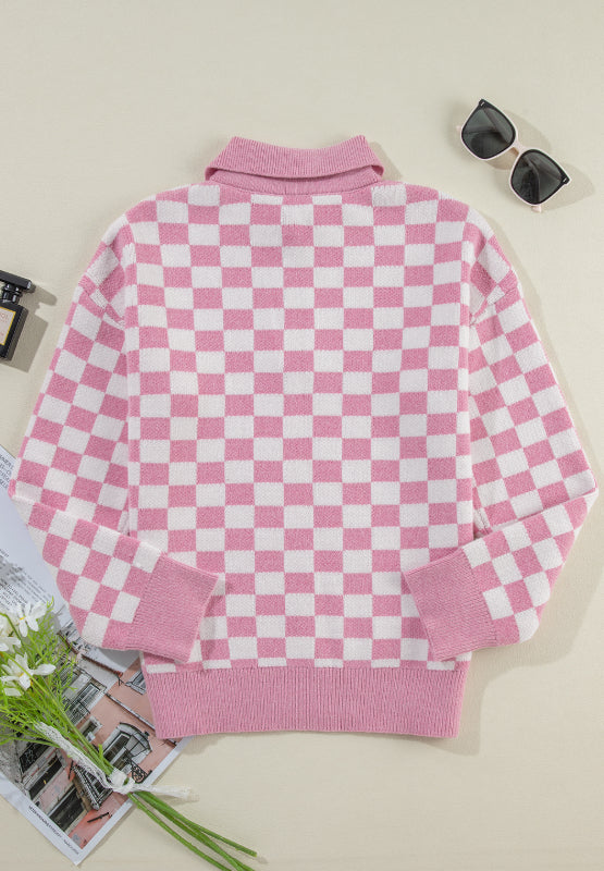 Checkered Collared Neck Long Sleeve Sweater-True and Wild