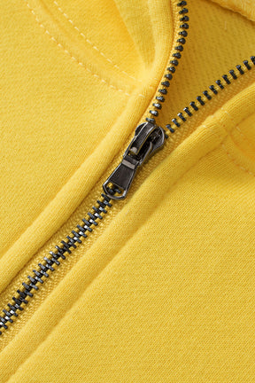 Yellow Solid Color Half Zip Pullover Hoodie with Kangaroo Pocket