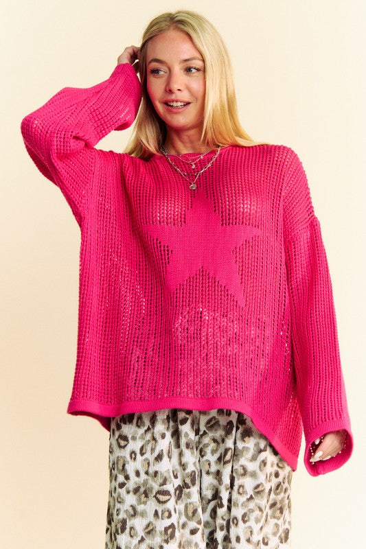 Davi & Dani Star Front Crochet Drop Shoulder Knit Top-True and Wild