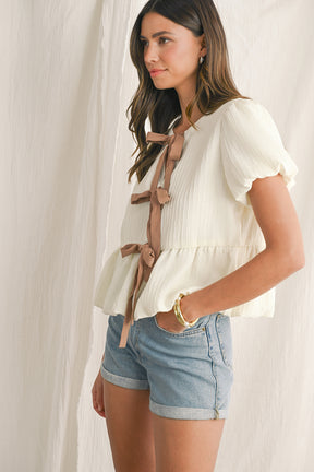 White Bow Front Babydoll Textured Blouse