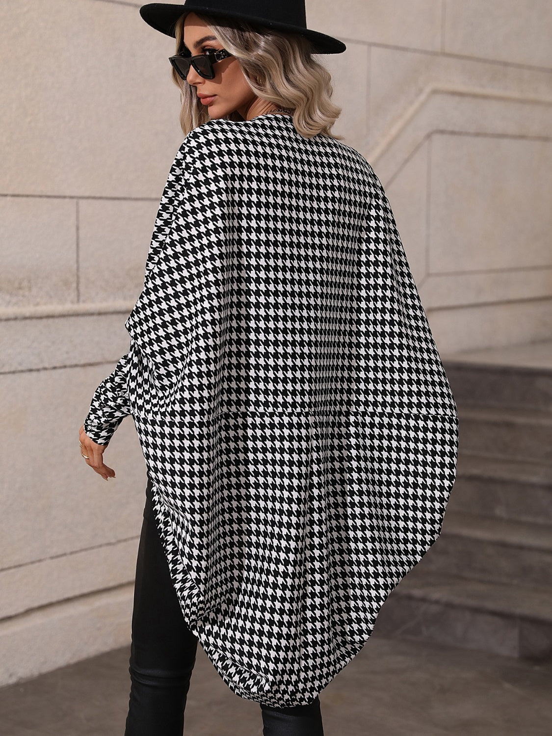 Houndstooth Open Front Batwing Sleeve Cardigan-True and Wild