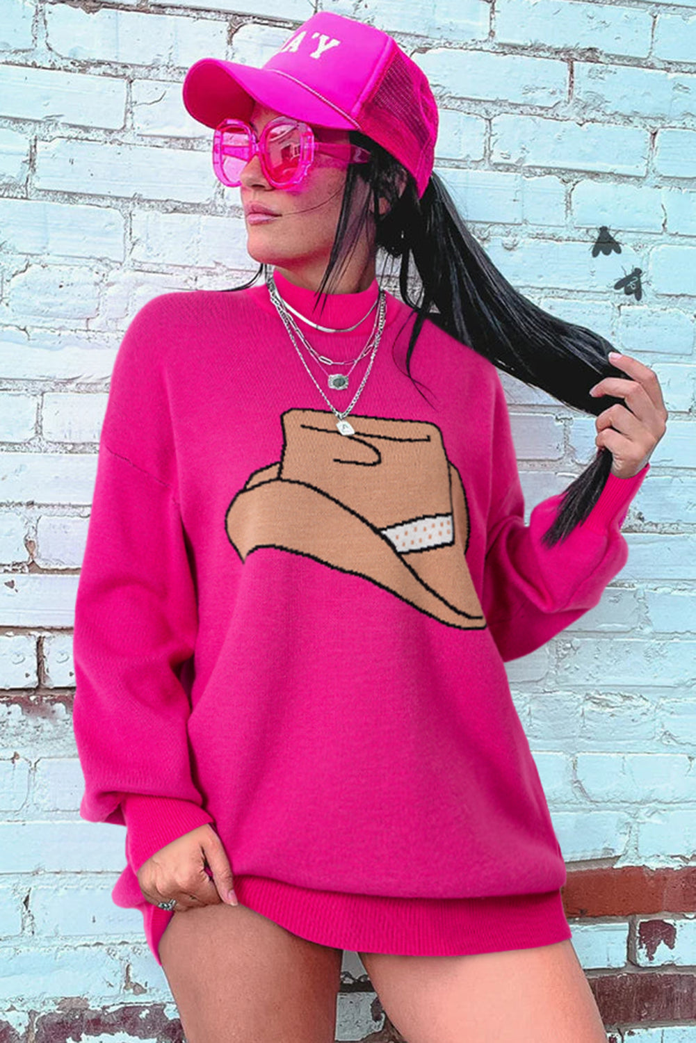 Rose Red YEEHAW Cowboy Hat Drop Shoulder Oversized Sweater-True and Wild