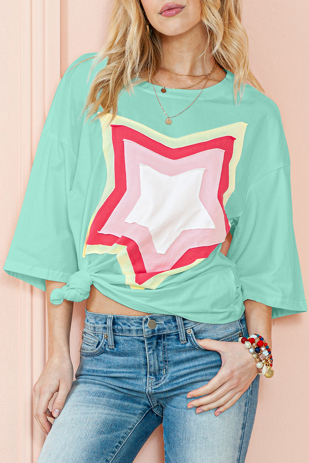 Moonlight Jade Colorblock Star Patched Half Sleeve Oversized Tee-True and Wild