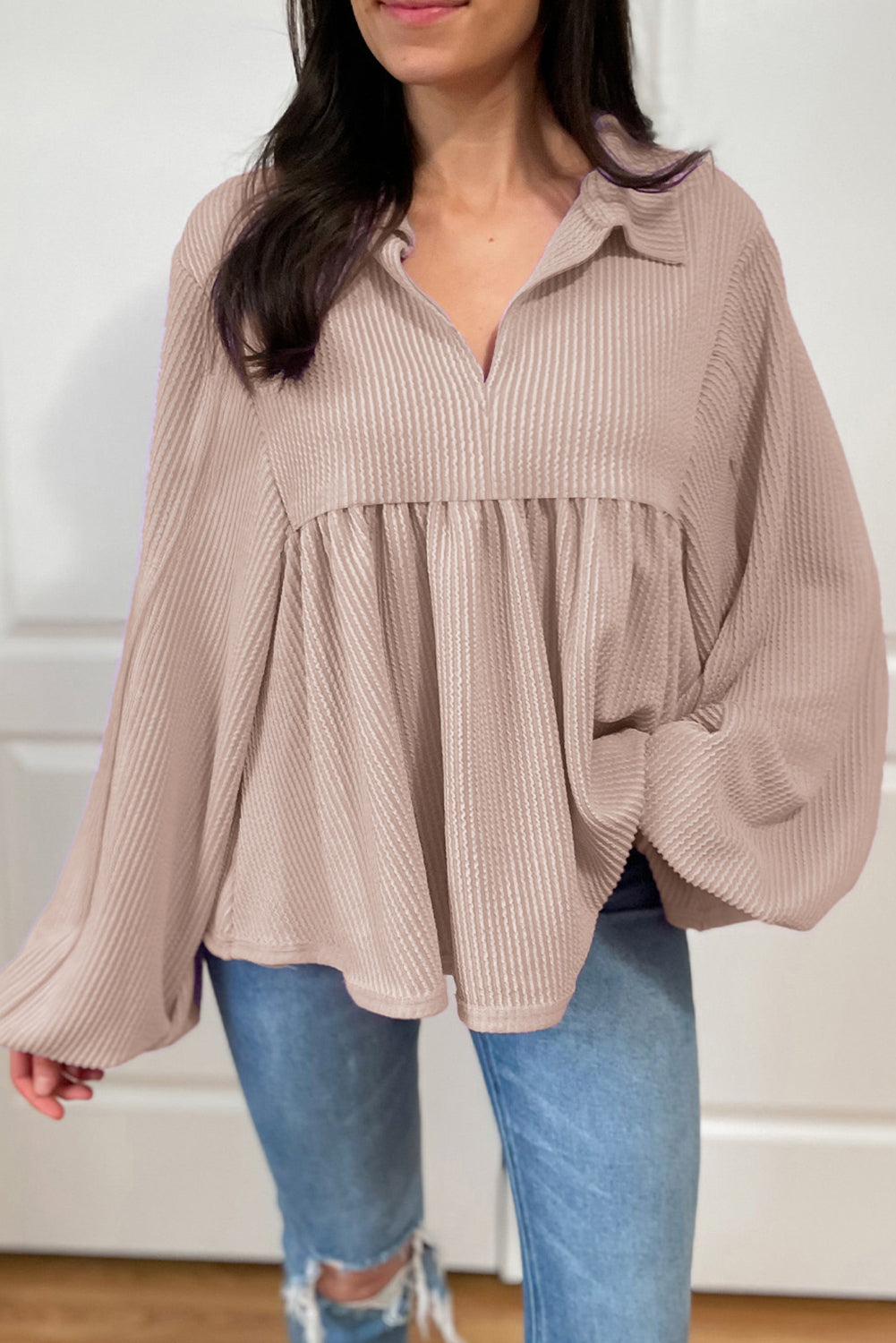 Texture Collared Neck Long Sleeve Blouse