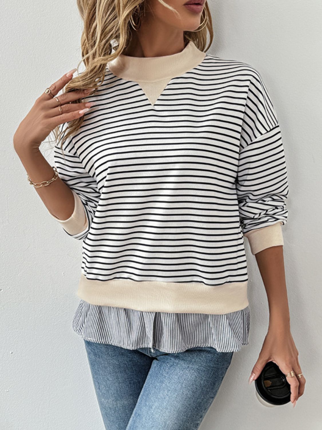 Perfee Faux Layered Striped Long Sleeve Sweatshirt