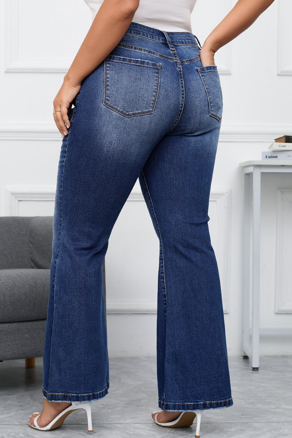 Dark Blue Plus Size Stitching Washed Flare Jeans-True and Wild