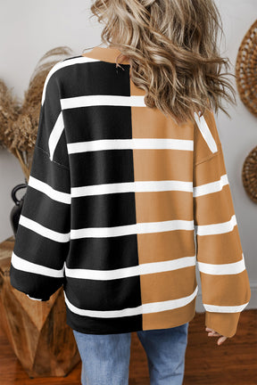 Light Beige Striped Colorblock Drop Shoulder Sweater-True and Wild