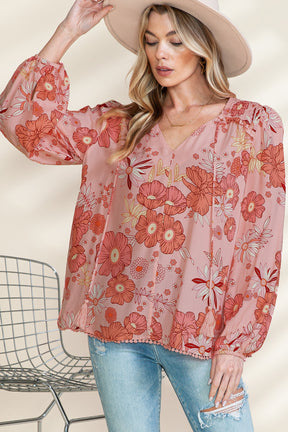 Multicolor Floral Print Lantern Sleeve Boho Peasant Blouse-True and Wild