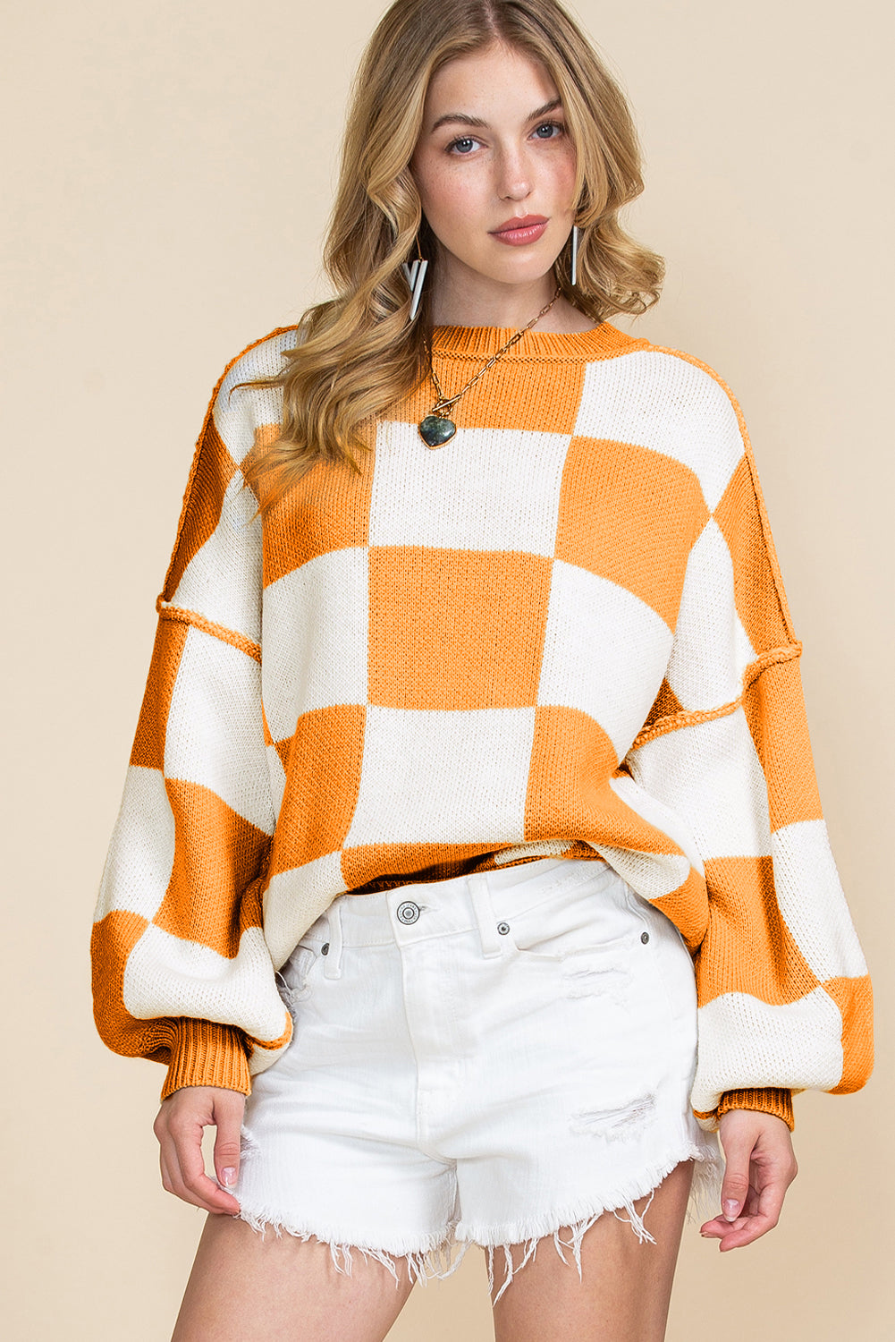 Orange & White Plaid Exposed Seam Bishop Sleeve Sweater-True and Wild